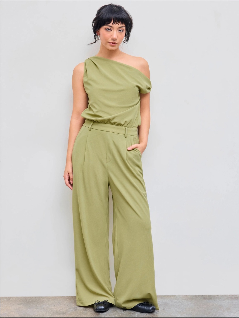 Cider Olive One-Shoulder Wide-Leg Jumpsuit